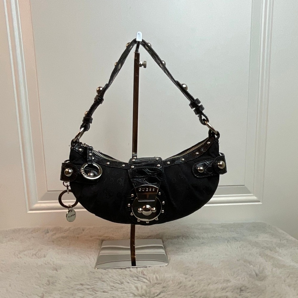 Vintage Y2K Guess Sicily Black Jacquard Croc Trim Studded Hobo Bag S1706523
